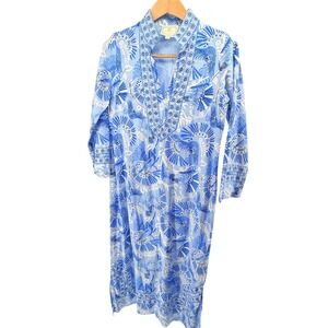Lovely CK Bradley x Sail to Sable Blue Bird Print  Tunic Dress Womens Kaftan